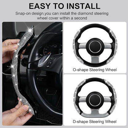 CAR PASS Bling Diamond Segmented Steering Wheel Cover with Crystal Rhinestones, 2PCS Wheel Protector Non-Slip Cute Car Accessories Universal Fit D-Shape O-Shape 14.5" to 16" for Women, Silver Diamond
