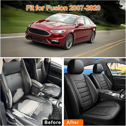 Fusion Car Seat Covers Custom Fit for Ford Fusion 2006-2020, Premium Full Coverage Leather Automotive Seat Protectors, All Seasons Waterproof Breathable, Airbag Compatible (Full Set, Black)