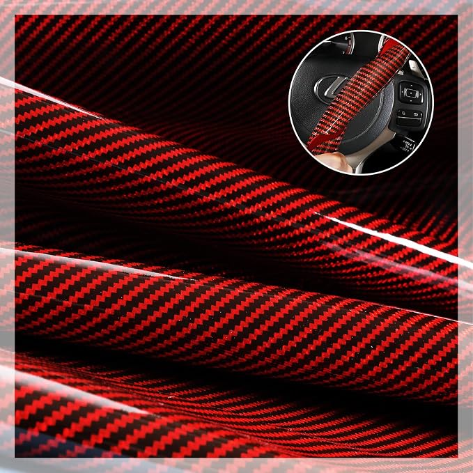 Car Steering Wheel Cover Set Bright Carbon Fiber Wrap Non-Slip 3pcs Steering Wheel Accessories 14.5-15 inch Universal (Red)