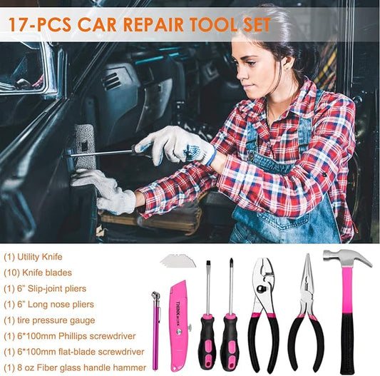THINKWORK Car Emergency Kit for Teen Girl and Lady's Gifts, Pink Emergency Roadside Assistance kit with Pink Car Tool Set, 10FT Jumper, First Aid Kit, and More Ideal Pink Car Accessories Tool - E8