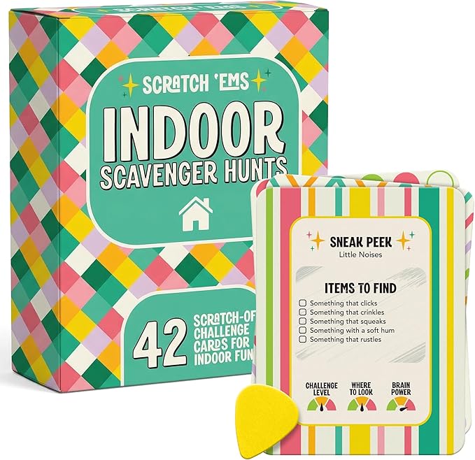 Scratch 'Ems Indoor Scavenger Hunt Cards with 42 Reusable Scratch Off Screen-Free Games for Kids, At-Home Scavenger Hunt Adventures for Rainy Days & Cold Days