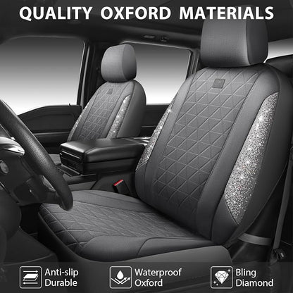 CAR PASS Gray Oxford Bling Diamond Car Seat Covers Full Set Interior Sets, Waterproof Shining Glitter Sparkly Crystal Universal Armrest Fit 95% Automotive Truck SUV Cute Women Girl, Gray Rhinestone