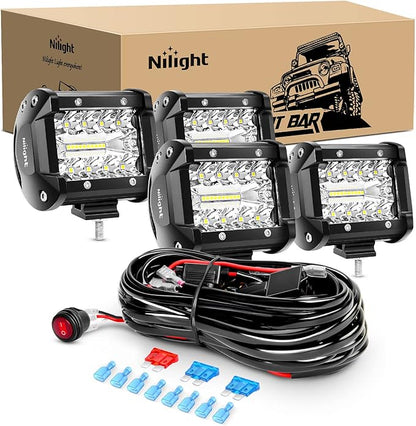 Nilight - ZH416 4PCS 4Inch 60W Triple Row Flood Spot Combo 6000LM LED Pods Light Bar Driving Boat Led Off Road Lights with 16AWG Wiring Harness-4 Leads