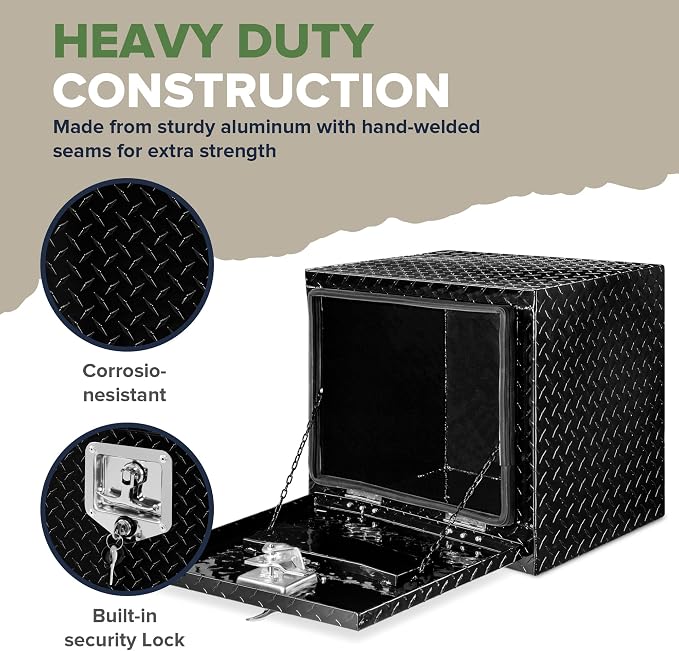 ARKSEN 18 x 17 x 18 Inch Underbody Tool Box, Heavy Duty Aluminum Diamond Plate Waterproof Square Storage Organizer Chest with T-Handle Lock & Keys for Pickup Truck, RV & Trailer – Black