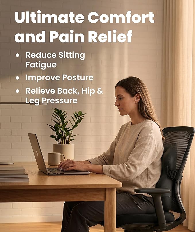 Elevate Series by Everlasting Comfort Lumbar Support Pillow for Office Chair - Memory Foam Back Cushion for Car Seat - Promotes Better Posture, Back Pain Relief - Ideal for Gaming and Desk Chairs