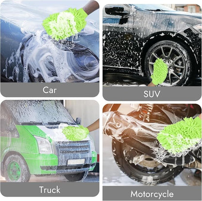 3 Pack Chenille Microfiber Car Wash Mitt, 7" x 9.6" Car Washing Mitts, Home Dusting Gloves, Scratch Free Lint-Free, Highly Absorbent, Double Sided, for Cleaning Detailing Polish (Green)
