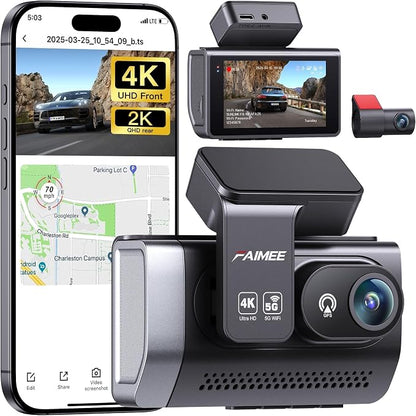 FAIMEE 4K Dash Cam Front and Rear with GPS, Upgraded 5.8G WiFi, Dual Dash Camera for Cars, Night Vision, WDR, 160°Wide Angle, 24H Parking Monitor, Emergency Lock, 3" IPS Screen