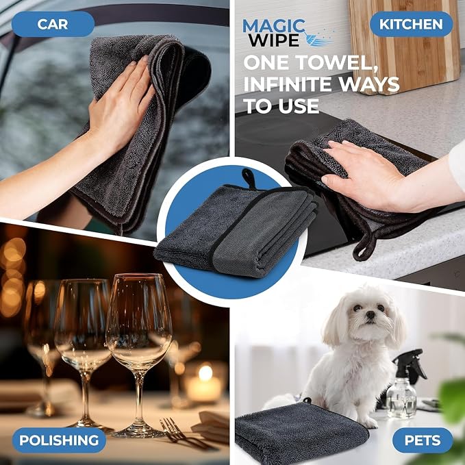 Magicwipe® Bathroom Drying Cloth – Removes Limescale & Hard Water Stains in Seconds with Just Water – Streak-Free for Shower Glass & Tiles – Reusable Microfibre Cloth (1, Black 30x40cm)