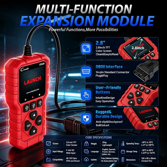 LAUNCH Creader 329 OBD2 Scanner, Full OBDII Functions Car Diagnostic Tool, Engine Code Reader with Battery Test, I/M Readiness, Mode 6&8 Test, Data Stream Car Fault Scanner