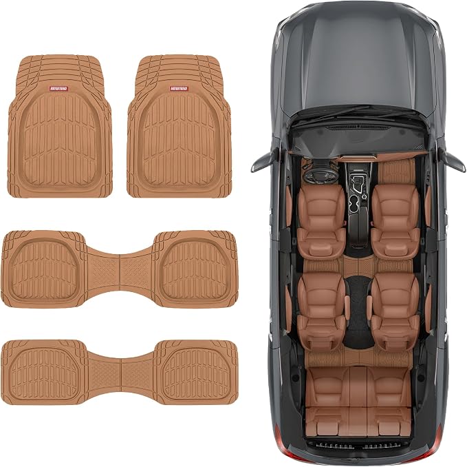 Motor Trend Original FlexTough Beige Rubber Car Floor Mats for 3 Row Vehicles, Front & Rear 2nd Row Deep Dish All Weather Automotive Heavy Duty Trim to Fit, Automotive Liners for Cars Truck Van SUV