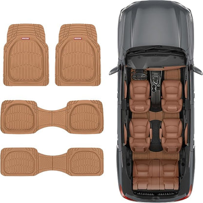 Motor Trend Original FlexTough Beige Rubber Car Floor Mats for 3 Row Vehicles, Front & Rear 2nd Row Deep Dish All Weather Automotive Heavy Duty Trim to Fit, Automotive Liners for Cars Truck Van SUV