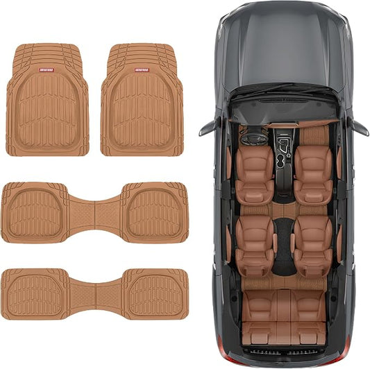Motor Trend Original FlexTough Beige Rubber Car Floor Mats for 3 Row Vehicles, Front & Rear 2nd Row Deep Dish All Weather Automotive Heavy Duty Trim to Fit, Automotive Liners for Cars Truck Van SUV