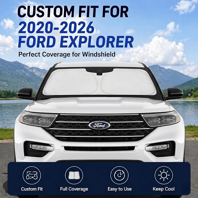 Custom Fit Windshield Sun Shade for Ford Explorer 2020-2026 | Perfect Vehicle Fit, Cooler Interior, Blocks UV Rays, Stronger Frame, Easy Fold & Store
