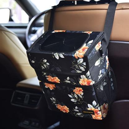SIBOFUEGO Cute Car Trash Can with Lid – Multipurpose Collapsible Trash Bin for Car, Leak-Proof Organizer, Waterproof Garbage Can with Storage Pockets & Adjustable Straps, 2 Gallons (Flower)