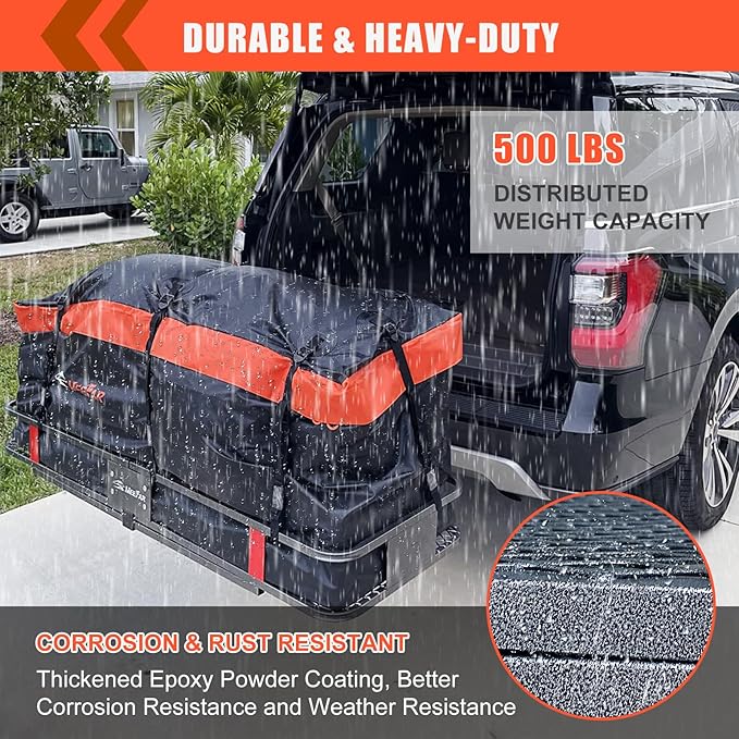 Hitch Mount Cargo Carrier Basket 60"*20"*6"+Waterproof Bag 16 Cubic Feet(58"*19"*24"),and Cargo Net with Attachment Hooks,Ratchet Straps,Hitch Stabilizer.500 Lbs Capacity,Foldable,fit 2" Receiver