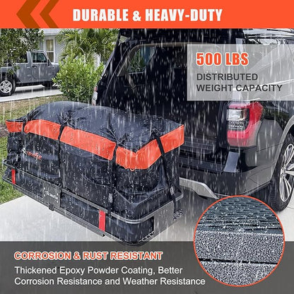 Hitch Mount Cargo Carrier Basket 60"*20"*6"+Waterproof Bag 16 Cubic Feet(58"*19"*24"),and Cargo Net with Attachment Hooks,Ratchet Straps,Hitch Stabilizer.500 Lbs Capacity,Foldable,fit 2" Receiver