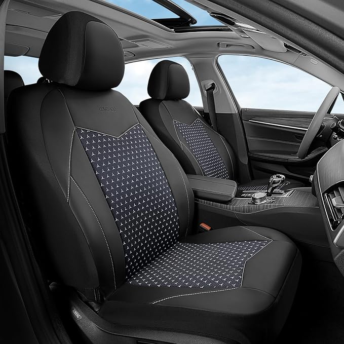 Coverado Front Seat Covers, Breathable Mesh & Leather Car Seat Protectors, Black Driver Seat Cover, Car Seat Cushions, Universal Automotive Seat Covers Fit for Most Sedans SUV Truck, Black