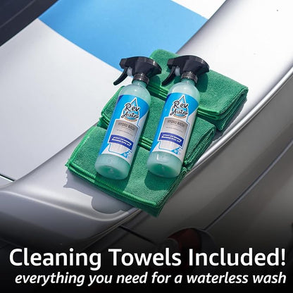 Rev Auto Waterless Car Wash Kit - Cleans Vehicles Without Water Source/Includes Two 16oz Waterless Wash Spray Cleaner and Microfiber Towels | Car Exterior Cleaner | No Rinse Car Wash Cleaning Spray