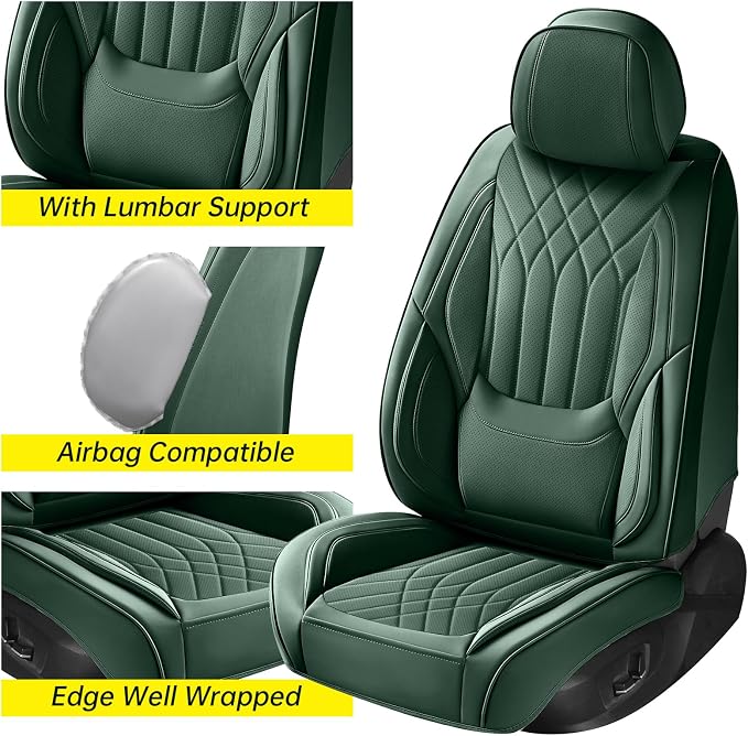 Green Car Seat Covers Full Set, Full Coverage Luxury Leather Green Seat Covers for Front and Rear Car Seats Waterproof Anti-Slip Cover Set Universal Fit for Most 5-Seater Cars SUVs