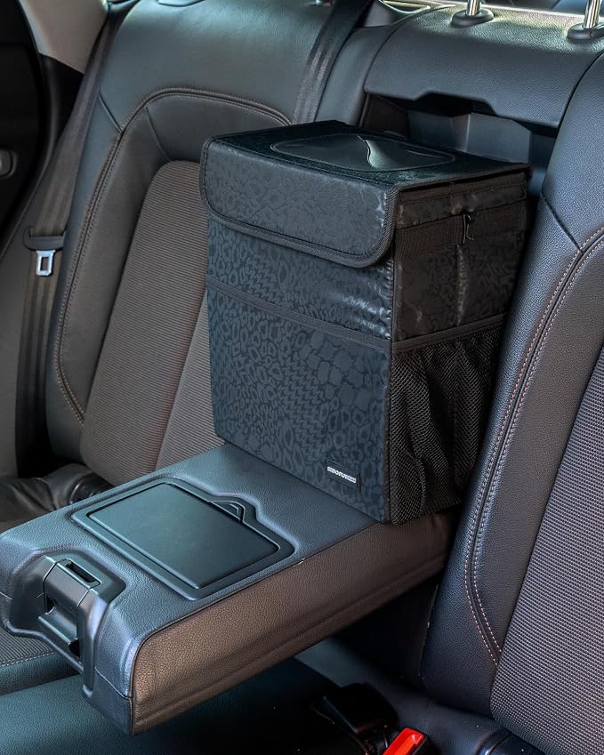 SIBOFUEGO Sturdy 3 Gallon Car Trash Can - Ultra Large Capacity, Leak Proof, Waterproof Car Organizer and Storage with Pockets and Adjustable Straps, Collapsible Interior Car Accessory (Black Leopard)