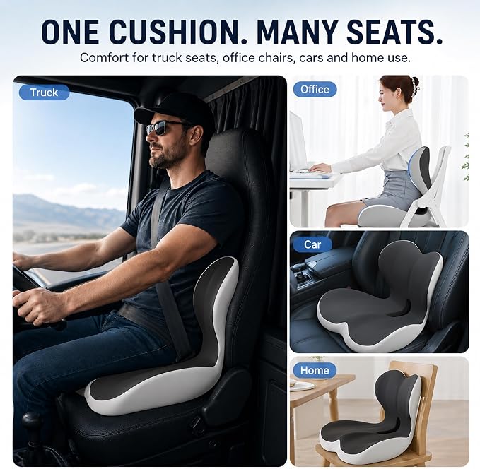 Ergonomic Truck Seat Cushion with Lumbar Support, Wide High-Density Memory Foam for Long Driving Comfort, Contoured Support for Semi Truck, Car & Office Chair