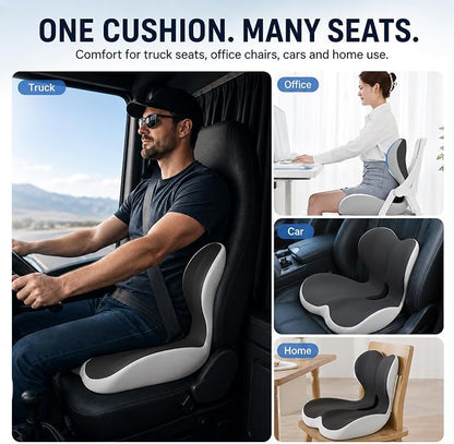 Ergonomic Truck Seat Cushion with Lumbar Support, Wide High-Density Memory Foam for Long Driving Comfort, Contoured Support for Semi Truck, Car & Office Chair