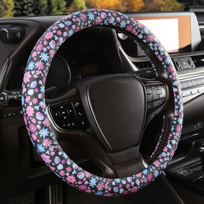 Floral Print Steering Wheel Cover with Silicone Inner Ring, Non-Toxic, Odorless Silicone Leather with Non-Fading Pattern for Men Women, Universal 14.5 to 15 Inch (Flower Print)