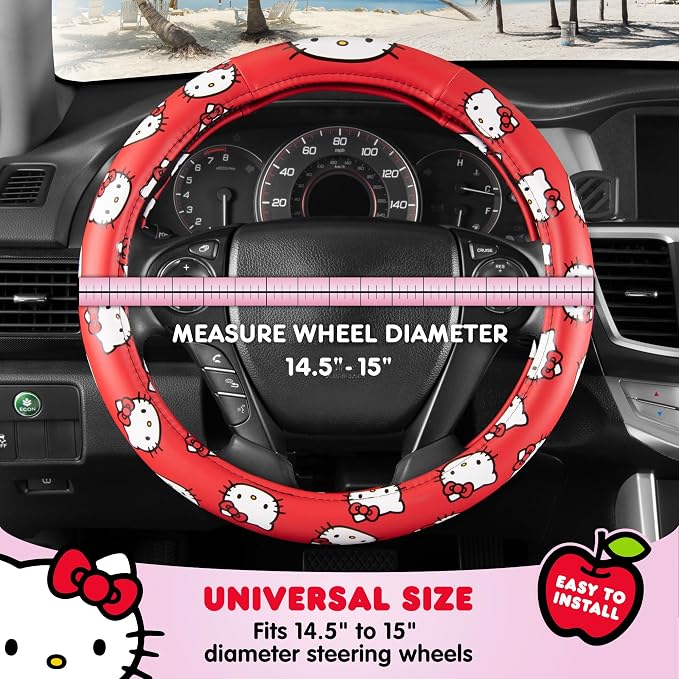 Hello Kitty Steering Wheel Cover Official Sanrio Car Accessory Universal Size 14.5 to 15 Inch Cute Red Design for Women Girls Sedans SUVs Trucks, Anti-Slip Grip, Stretch-Fit Design