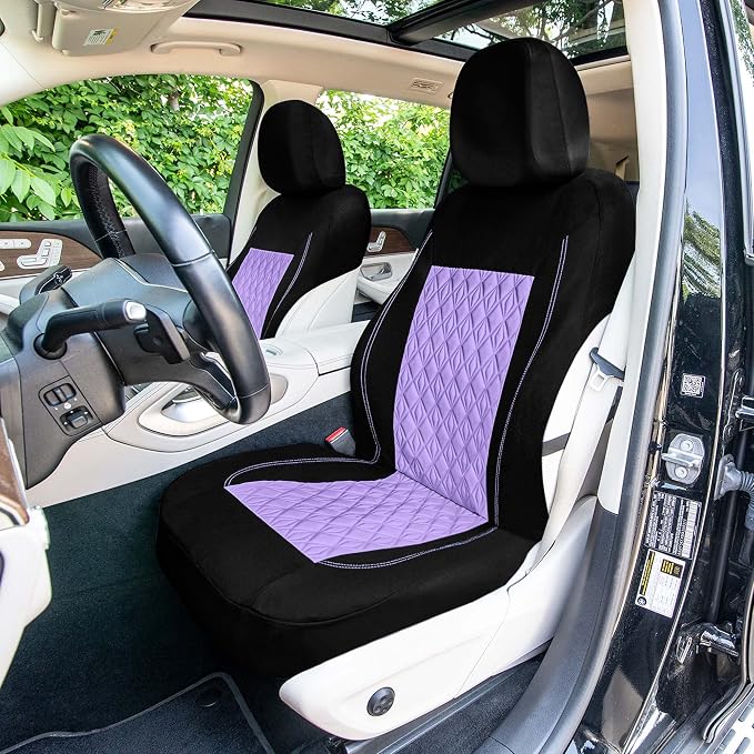 Universal Fit Diamond Stitched Flat Cloth Car Seat Covers Full Set - Purple
