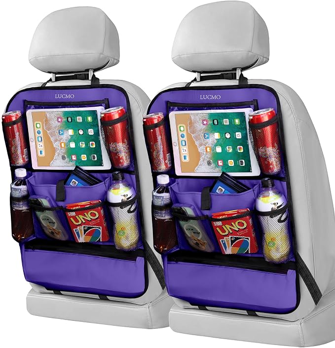 LUCMO Car Backseat Organizer with Touch Screen Tablet Holder-2 Pcs,9 Storage Pockets Car Storage Organizer Protectors Kick Mats Travel Accessories for Kids-Purple