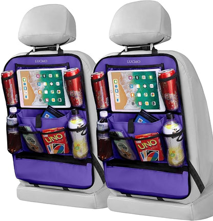 LUCMO Car Backseat Organizer with Touch Screen Tablet Holder-2 Pcs,9 Storage Pockets Car Storage Organizer Protectors Kick Mats Travel Accessories for Kids-Purple