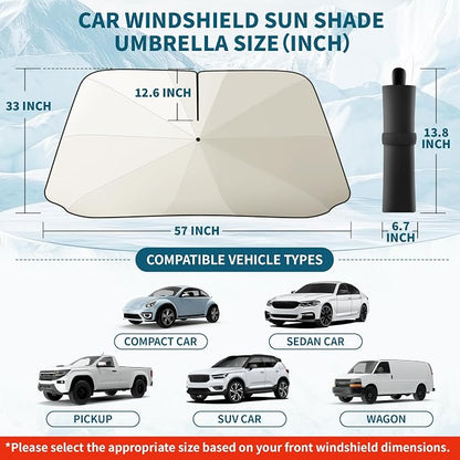 Car Windshield Sun Shade Umbrella, 57"*33", Foldable Sun Shade for Car Windshield Umbrella, UPF 50+ and Heat Protection, Nano Cold Titanium Ice Silk Fabric. Universal Portable