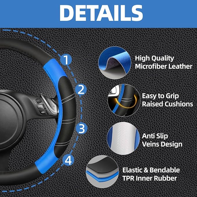 NBTEPEM 6 Pcs Blue Car Accessories Set, Sport Leather Steering Wheel Cover 14.5-15inch Universal, Microfiber Leather Car Center Console Cover, Seat Belt Cushion, Cup Holder Coaster (Black-Blue)