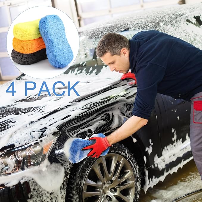 Tanlade 4 Pcs Large Car Wash Sponge for Cleaning, The Microfiber Sponges for Car Washing Supplies, Trucks and Motorcycles (Orange,Blue,Yellow,Gray)