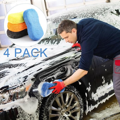 Tanlade 4 Pcs Large Car Wash Sponge for Cleaning, The Microfiber Sponges for Car Washing Supplies, Trucks and Motorcycles (Orange,Blue,Yellow,Gray)