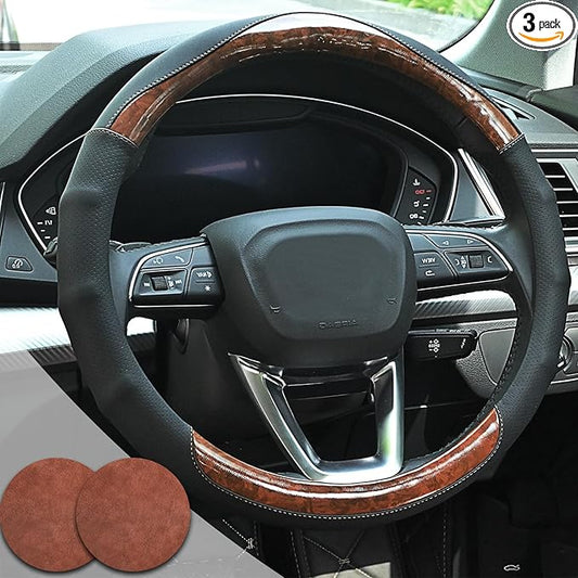 Wood Grain Steering Wheel Cover Car Steering Wheel Covers 14.5-15 inch with Coasters Microfiber Leather Splicing Breathable Anti-Slip Durable Universal Auto Steering Wheel Protective