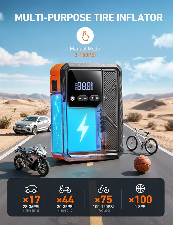 AstroAI Beta822 3000A Jump Starter with Air Compressor, 150PSI Portable Tire Inflator with Auto-Shutoff, 12V Car Battery Booster (9.0 Gas/7.0L Diesel) with LED Light and Jumper Cables, Black