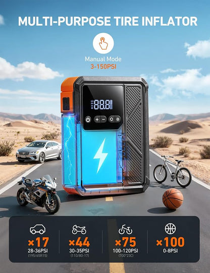 AstroAI Beta822 3000A Jump Starter with Air Compressor, 150PSI Portable Tire Inflator with Auto-Shutoff, 12V Car Battery Booster (9.0 Gas/7.0L Diesel) with LED Light and Jumper Cables, Black