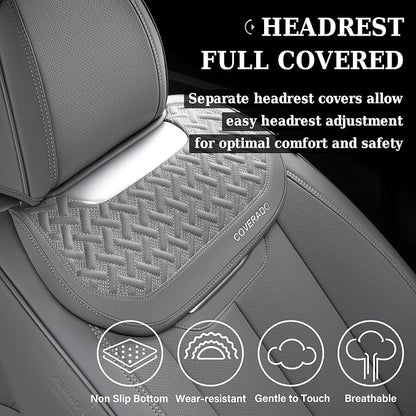 Coverado Car Seat Covers Full Set, Luxury Leather Car Seat Cover, Front and Back Seat Covers for Cars, Waterproof Car Seat Protector, Automotive Seat Covers Universal Fit Most Cars(Gray)