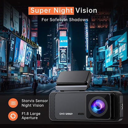 Dash Cam 1296P Front Dashcam, V300 WiFi Dash Camera for Cars with App, Night Vision, Mini Hidden Single Car Camera, Loop Recording, 24H Parking Mode, Support 256GB Max, Black