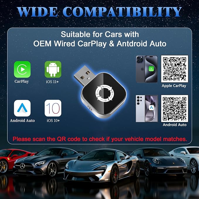 4-in-1 Wireless CarPlay Adapter for Apple CarPlay & Android Auto & AirPlay & MirrorLink, 2026 Upgraded Screen Mirroring Mini USB Adapter with Type-C Extension, Low Latency, Plug & Play