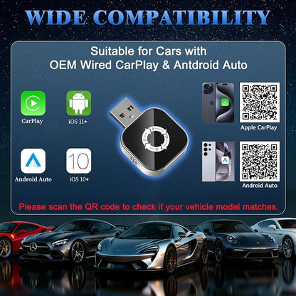 4-in-1 Wireless CarPlay Adapter for Apple CarPlay & Android Auto & AirPlay & MirrorLink, 2026 Upgraded Screen Mirroring Mini USB Adapter with Type-C Extension, Low Latency, Plug & Play