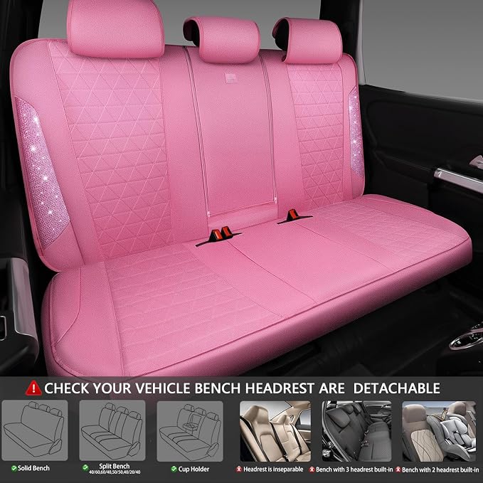 CAR PASS Pink Oxford Bling Diamond Car Seat Covers Full Set Interior Sets, Waterproof Shining Glitter Sparkly Crystal Universal Armrest Fit 95% Automotive Truck SUV Cute Women Girl, Pink Rhinestone