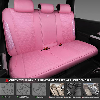 CAR PASS Pink Oxford Bling Diamond Car Seat Covers Full Set Interior Sets, Waterproof Shining Glitter Sparkly Crystal Universal Armrest Fit 95% Automotive Truck SUV Cute Women Girl, Pink Rhinestone
