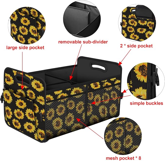 Femuar Car Trunk Organizer with 72L Large Capacity Waterproof Collapsible and 11 Pockets, Trunk Organizer for Car SUV/Jeep/Sedan, Large Size, Sunflower