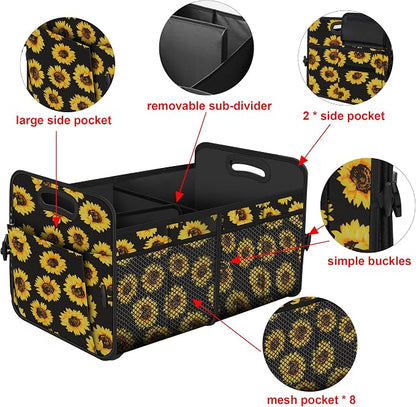 Femuar Car Trunk Organizer with 72L Large Capacity Waterproof Collapsible and 11 Pockets, Trunk Organizer for Car SUV/Jeep/Sedan, Large Size, Sunflower