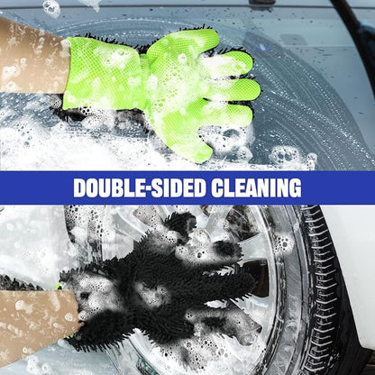 2PCS Car Wash Mitt, 5 Finger Chenille Microfiber Cleaning Mitt for Cars, Scratch-Free Auto Washing Gloves, Car Interior Exterior Cleaning Gloves, Great for Hard-to-Reach Areas (Black)
