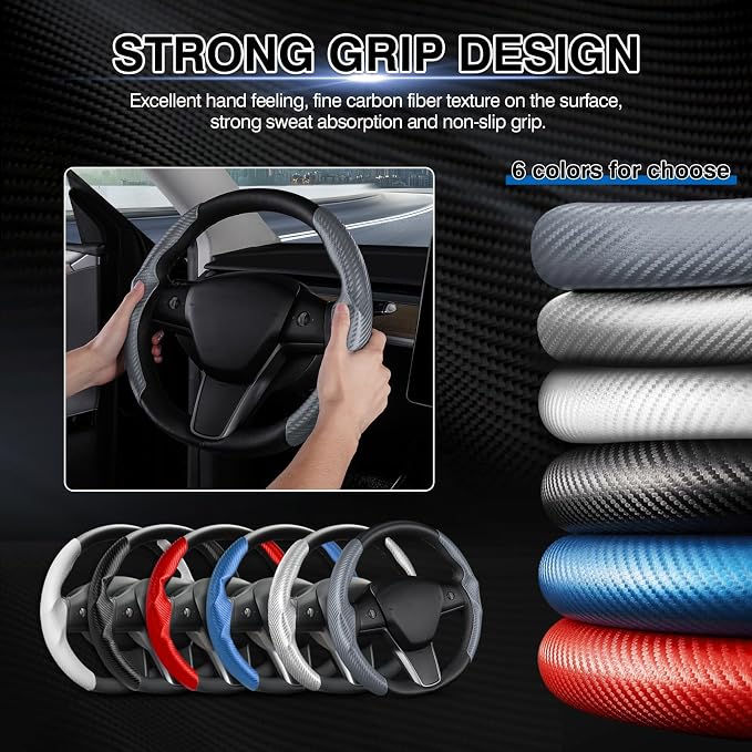 Canvcle Steering Wheel Cover for Tesla Model 3/Y 2016-2025 2026 Highland/Juniper Accessories Carbon Fiber Steering Wheel Cover Protector Non-Slip, Comfortable, Breathable, Model 3/Y Accessories, Gray