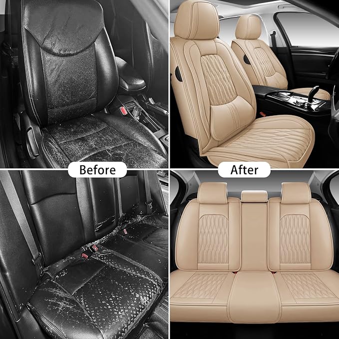 WELLDO Car Seat Covers, 5 Seats, Beige-White | Waterproof, Scratch-Resistant, Breathable & Easy to Clean, Universal Fit for SUV Sedan Truck, Full Set