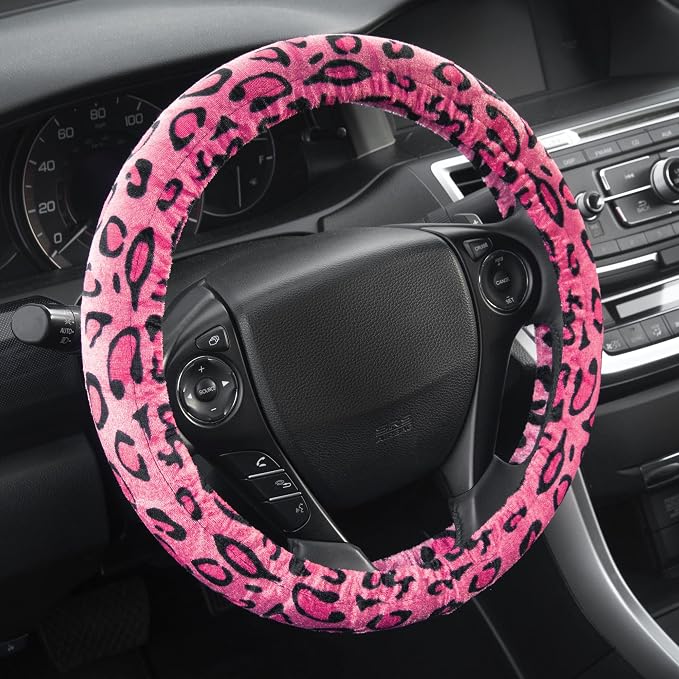 carXS Leopard Print Car Seat Covers Full Set, Includes Matching Seat Belt Pads and Steering Wheel Cover, Two-Tone Cheetah Hot Pink Seat Covers for Women, Car Seat Protector Interior Covers